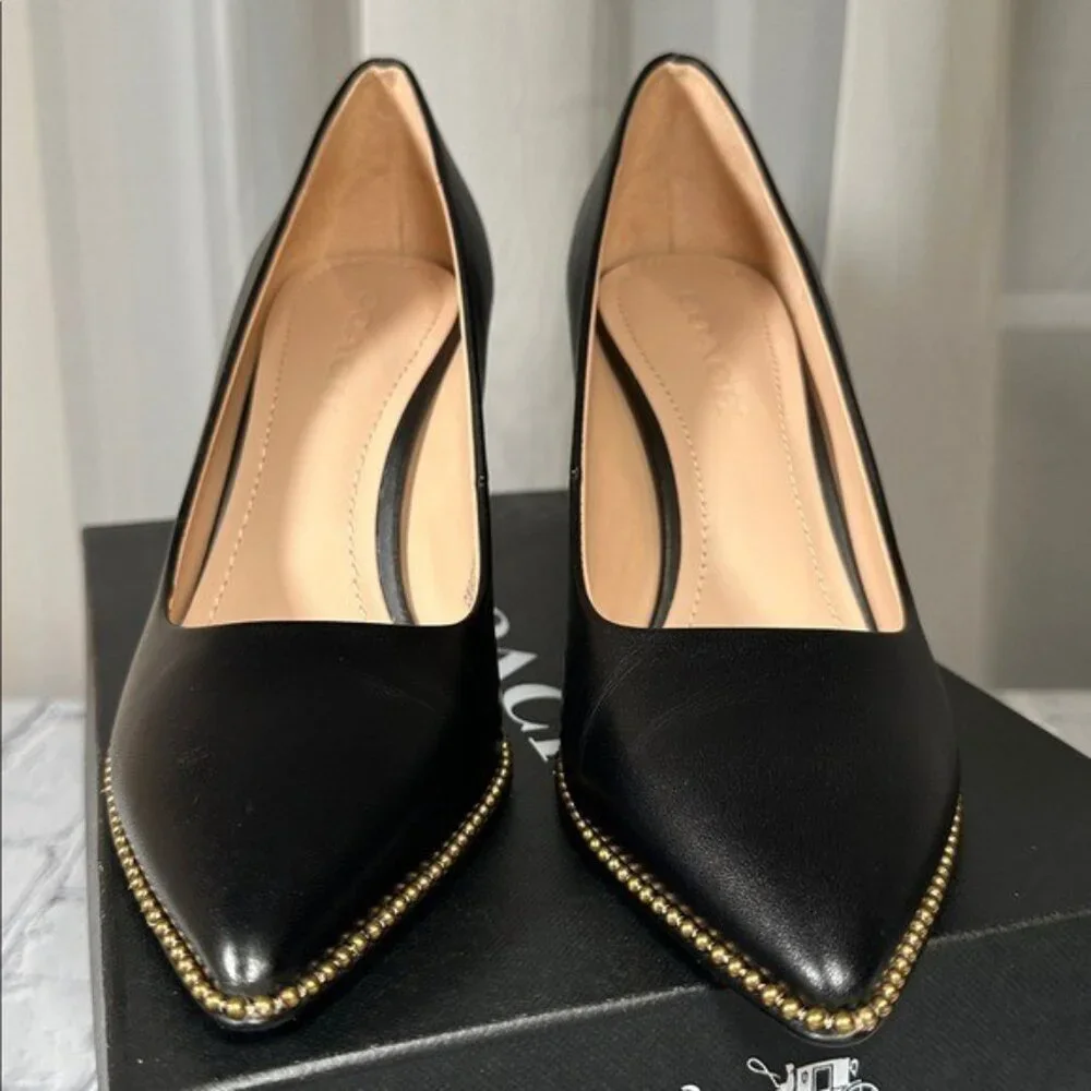 Coach Waverly Beadchain Leather Heels Black Gold Shoes - Picture 3 of 16
